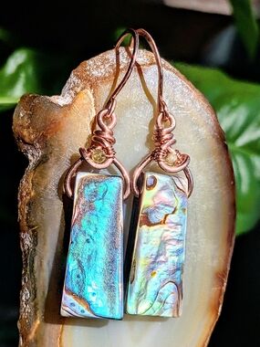 Tropical Earrings Abalone Sea Shell Doublets Copper Wire Wrap Peridot Gem Accent